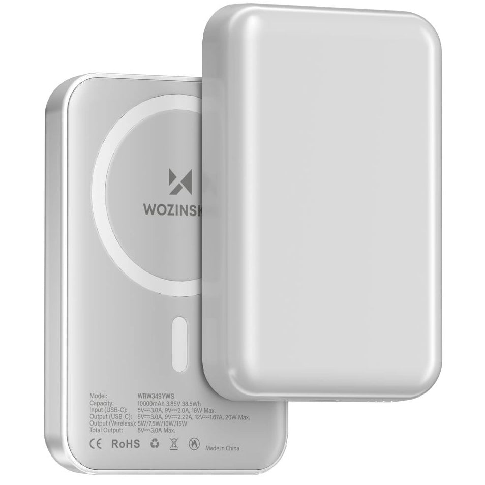 Langaton ulkoinen akku WZK WRW349YWS, 10000mAh, 20W, PD + FQI, 1 x QI - 1 x USB-C, Valkoinen