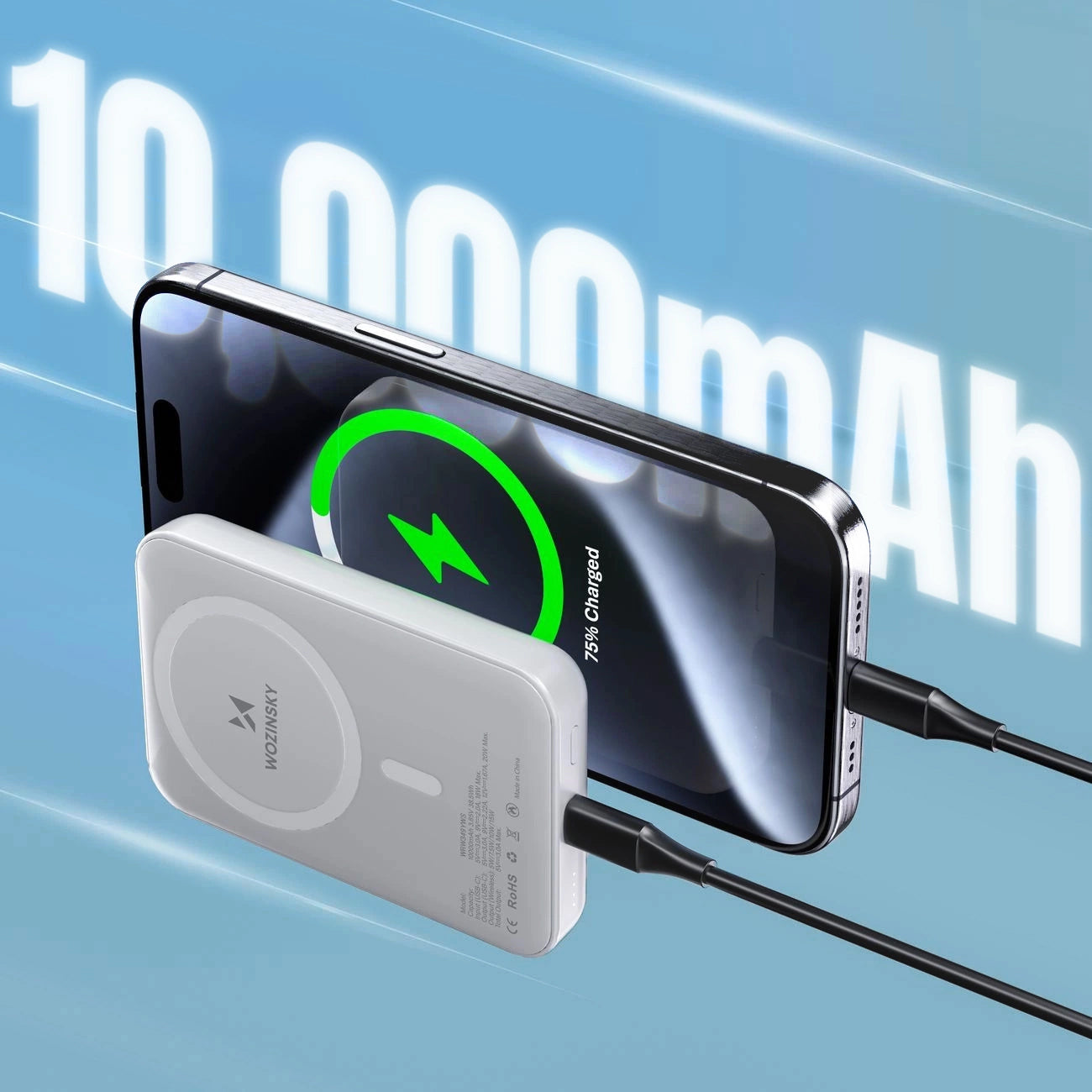Langaton ulkoinen akku WZK WRW349YWS, 10000mAh, 20W, PD + FQI, 1 x QI - 1 x USB-C, Valkoinen
