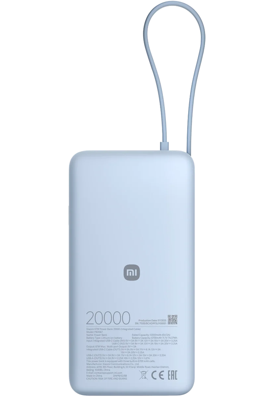 Xiaomi Ulkoinen Akku, 20000mAh, 67W, QC + PD, 1 x USB-A - 2 x USB-C, Sininen BHR08O8GL