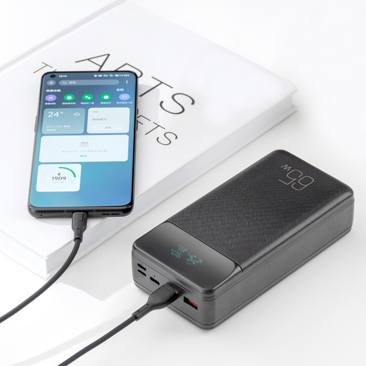 Ulkoinen akku XO Design PR201, 30000mAh, 65W, QC + PD, 1 x USB-C - 2 x USB-A, Musta
