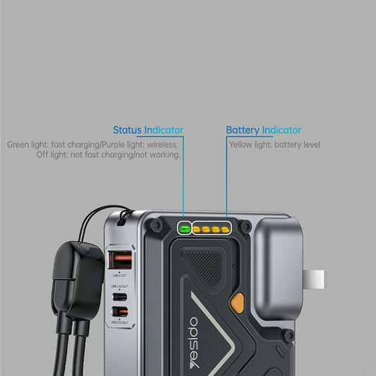 Ulkoinen akku Yesido YP89, 10000mAh, 22.5W, QC + PD + FQI, 1 x Lightning - 1 x QI - 1 x USB-A - 1 x USB-C, Harmaa