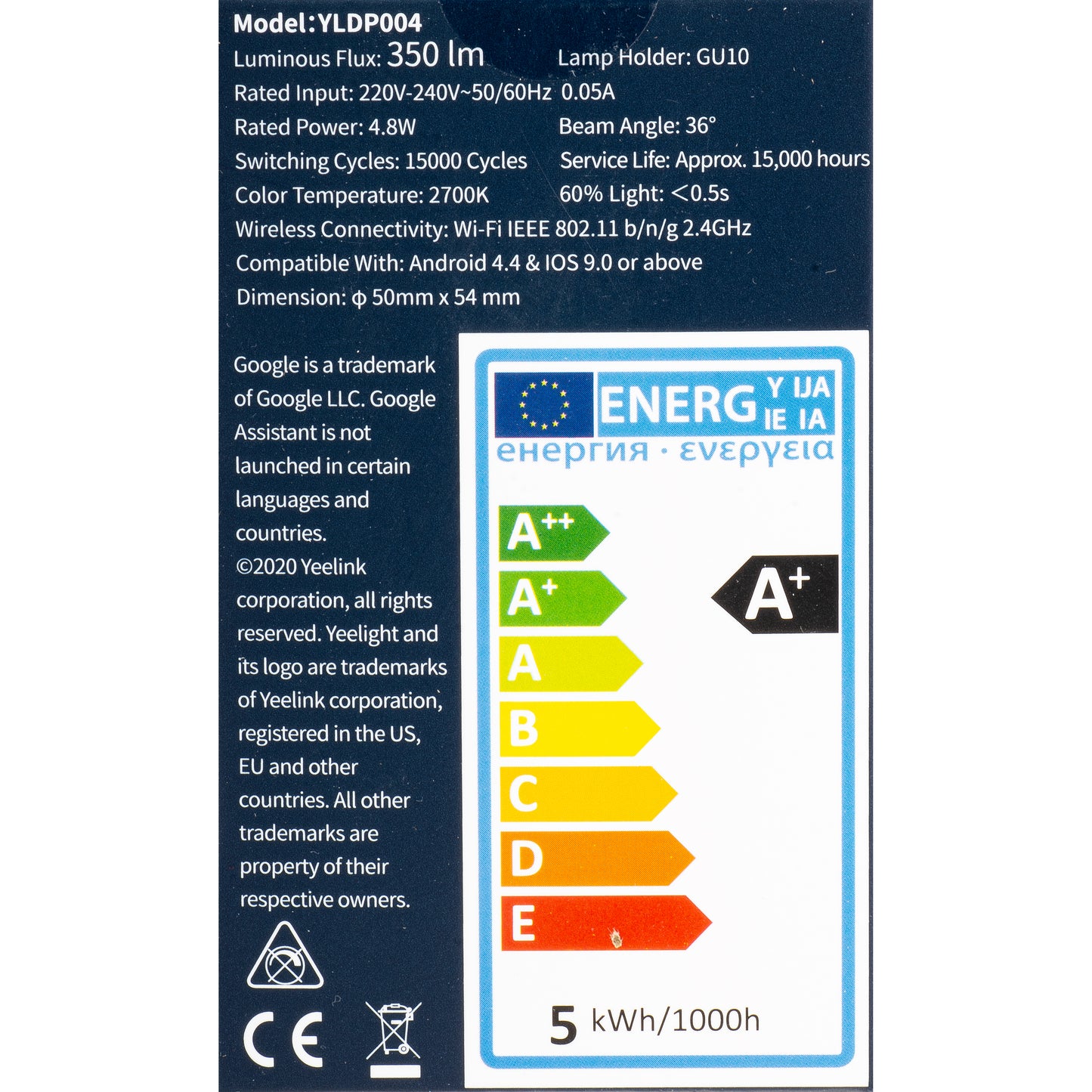 LED-lamppu Yeelight W1, Wi-Fi, GU10, 4.8W, 2700K, 350lm YLDP004