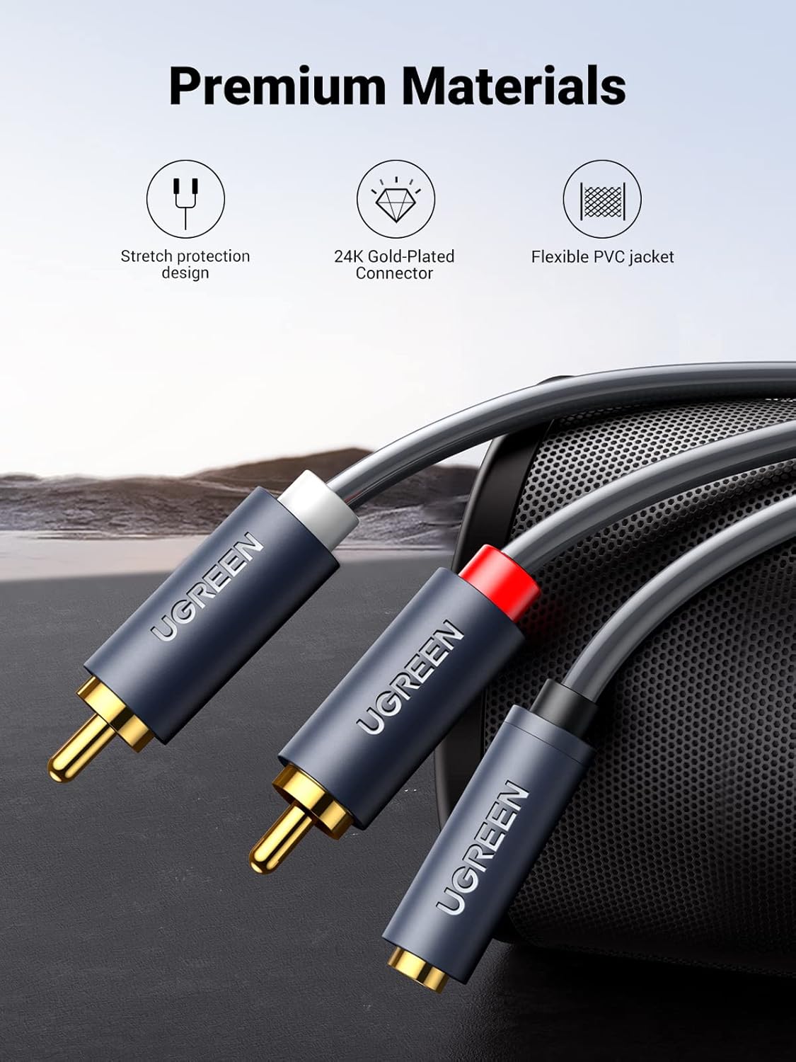 Audiojohto 3.5mm - 2 x RCA UGREEN AV102, 1m, Harmaa