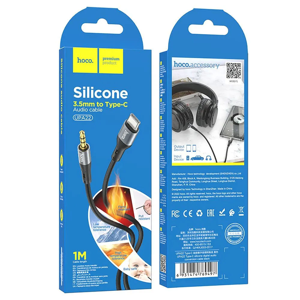 USB-C - 3,5 mm HOCO UPA22 -audiokaapeli, 1 m, musta