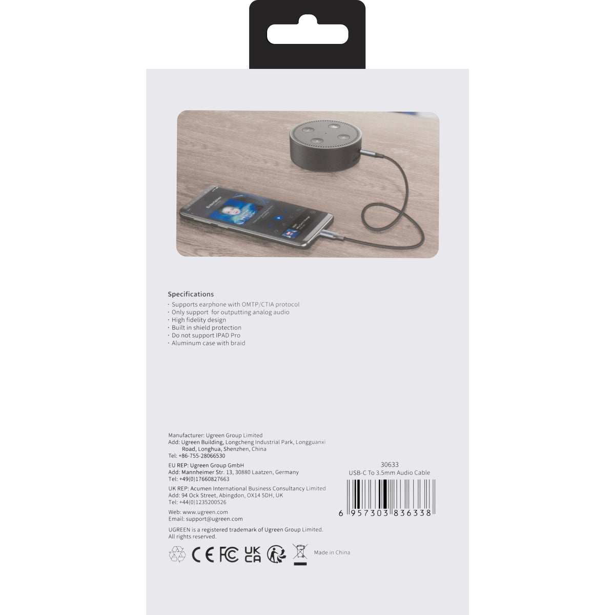 USB-C - 3.5mm UGREEN AV143 -audiokaapeli, 1m, Harmaa