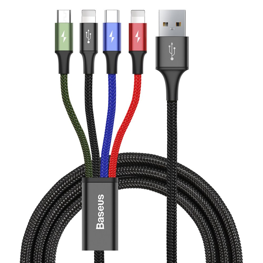 USB-A -latauskaapeli - 2 x Lightning / microUSB / USB-C Baseus Rapid 4in1, 20W, 1.2m, Musta CA1T4-A01