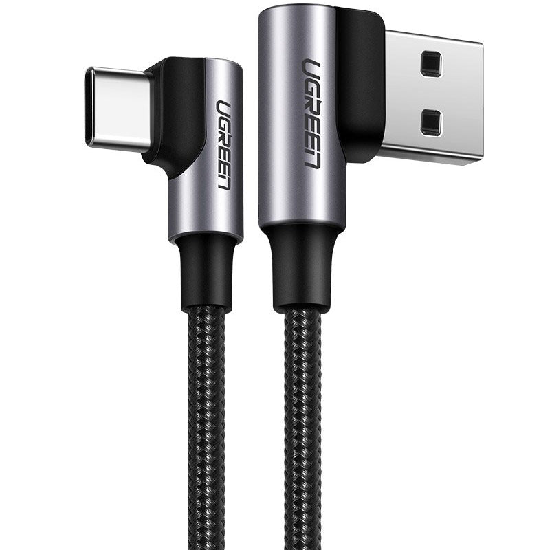 UGREEN US176 Angled USB-A - USB-C Data ja Latauskaapeli, 18W, 2m, Musta