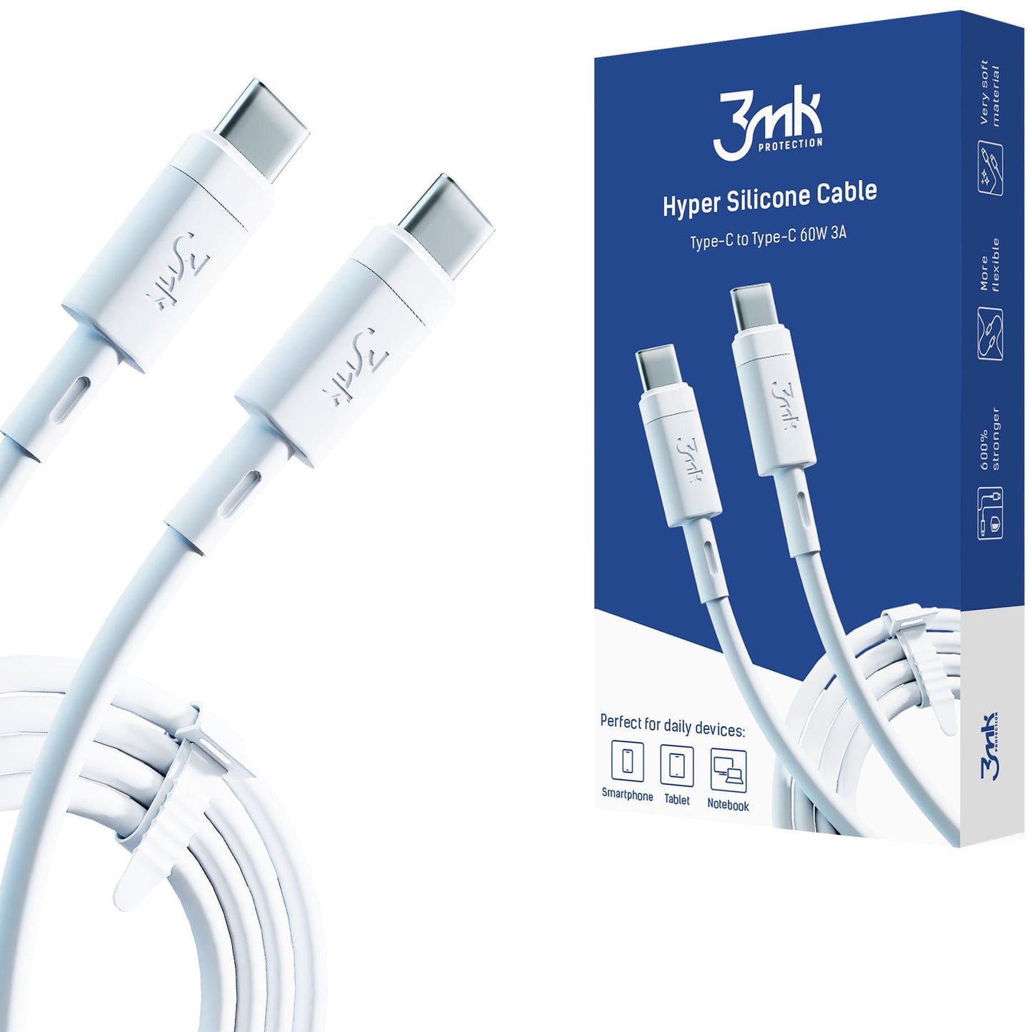 USB-C-tietojen ja latauksen kaapeli - USB-C 3MK Hyper Silicone, 60W, 1m, valkoinen