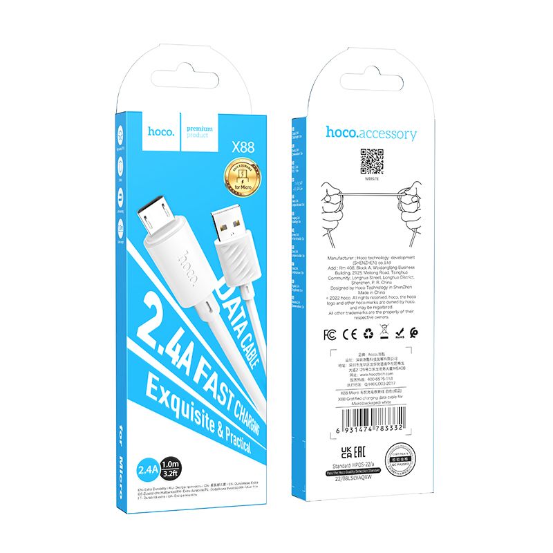 HOCO X88 USB-A - microUSB data- ja latauskaapeli, 18W, 1m, valkoinen