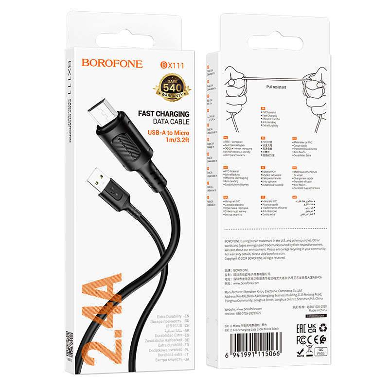 USB-A - microUSB-lataus- ja tiedonsiirtokaapeli Borofone BX111 Feliz, 18W, 1m, Musta