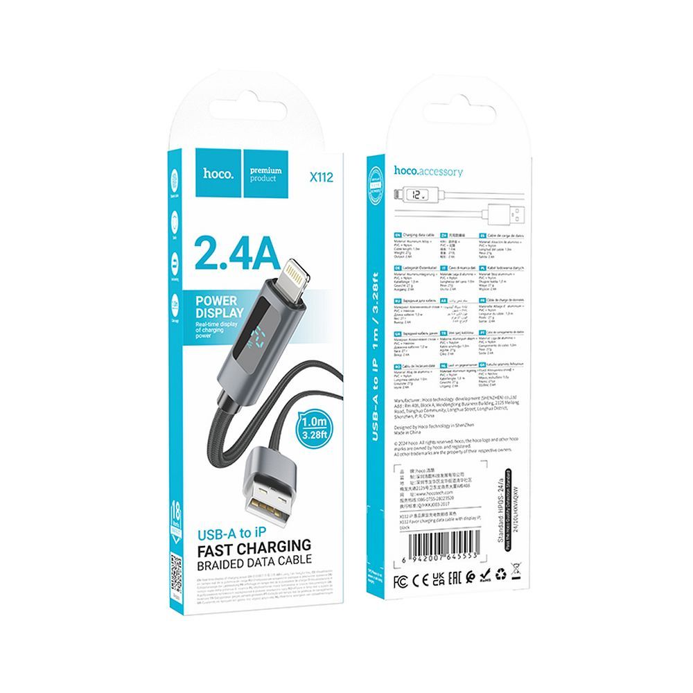USB-A - Lightning HOCO Display X112 Data- ja Latauskaapeli, 18W, 1m, Musta