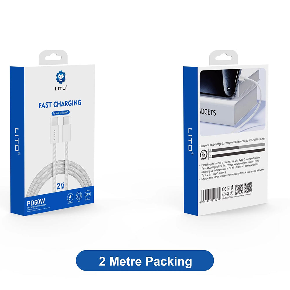 USB-C - USB-C Lito LD04CC Data- ja Latauskaapeli, 60W, 2m, Valkoinen