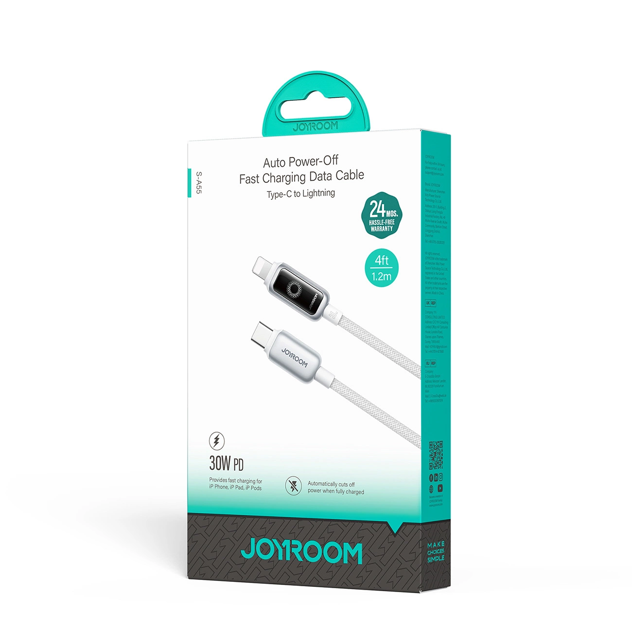 USB-C - Lightning Joyroom S-A55 StarFlight Display -kaapeli, 30W, 1.2m, Valkoinen