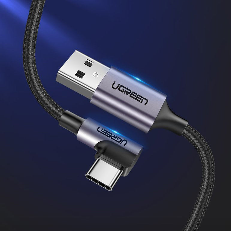 USB-A - USB-C UGREEN US284 Angled -kaapeli, 18W, 1m, Harmaa