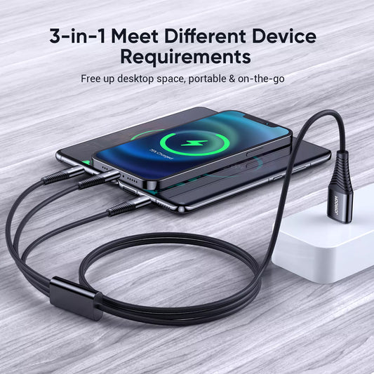 USB-A - Lightning / microUSB / USB-C latauskaapeli Joyroom S-1230G4 3in1, 20W, 1.2m, musta