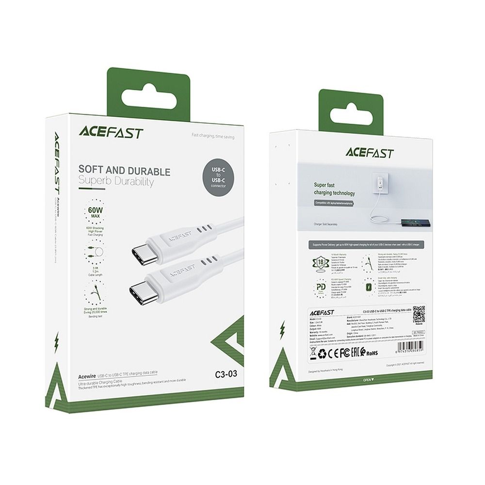 USB-C - USB-C Acefast C3-03 -data- ja latauskaapeli, 60W, 1.2m, Valkoinen