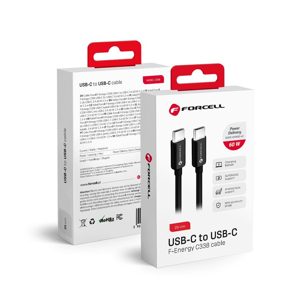 USB-C - USB-C Forcell F-Energy C338 -data- ja latauskaapeli, 60W, 0.25m, Musta