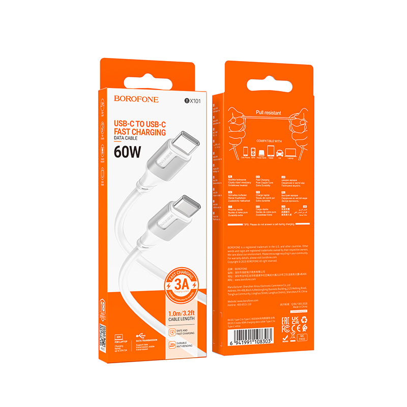 USB-C - USB-C -lataus- ja tiedonsiirtokaapeli Borofone BX101 Creator, 60W, 1m, Valkoinen