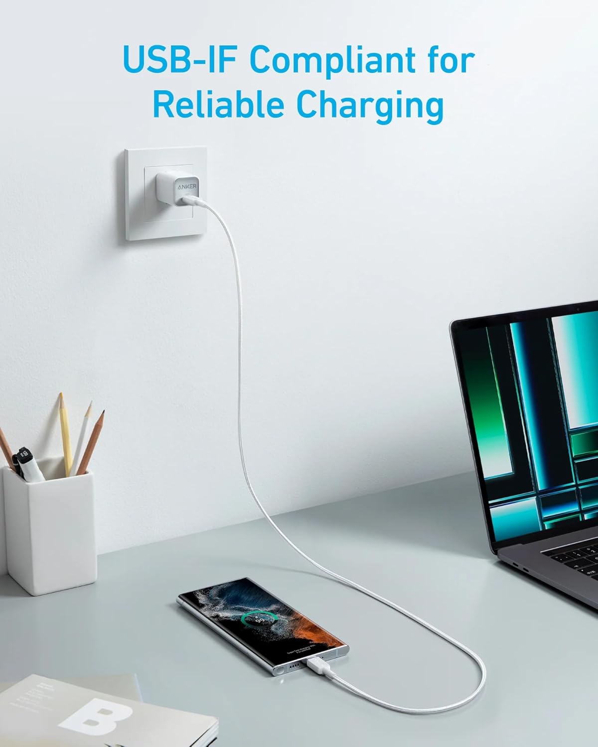 USB-C - USB-C Anker 322 -kaapeli, 60W, 0.9m, Valkoinen A81F5G21
