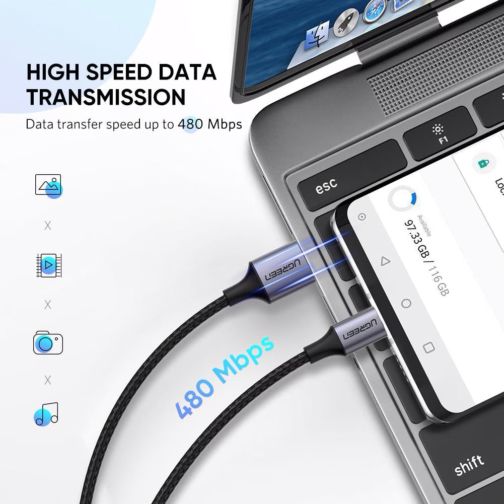 USB-A - USB-C UGREEN US288 Data- ja latauskaapeli, 18W, 0.5m, Musta