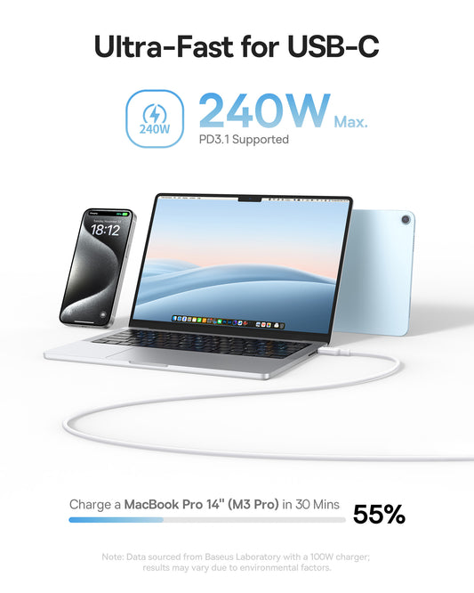 USB-C - USB-C Baseus PicoGo -data- ja latauskaapeli, 240W, 1m, Valkoinen P10376800211-00