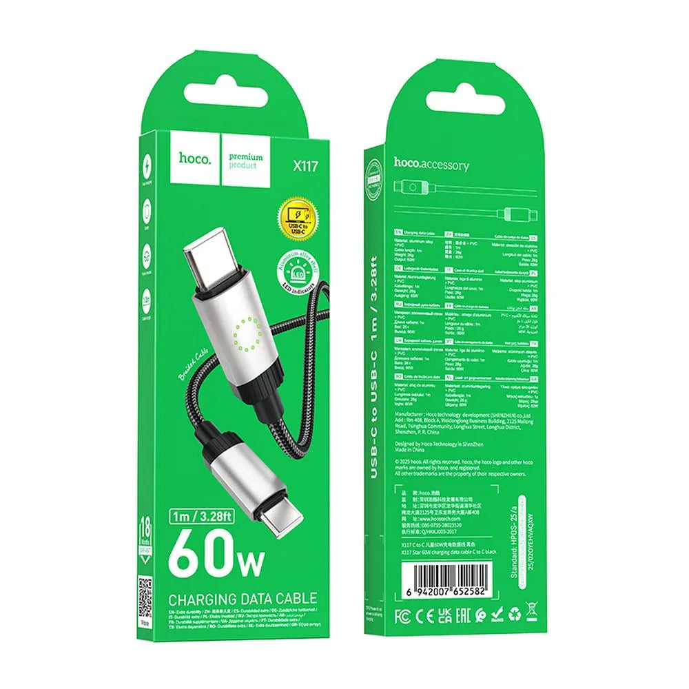 USB-C - USB-C HOCO X117 Data- ja latauskaapeli, 60W, 1m, Musta