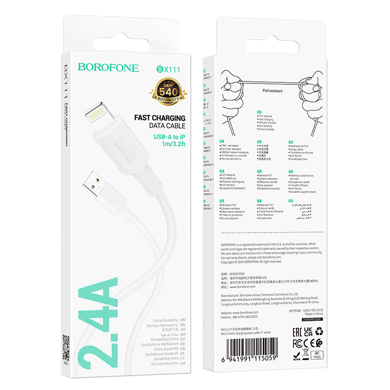 USB-A - Lightning Borofone BX111 Feliz -data- ja latauskaapeli, 18W, 1m, Valkoinen