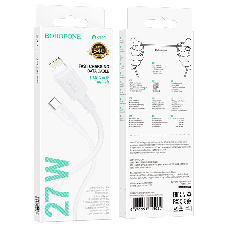 USB-C - Lightning Borofone BX111 Feliz -data- ja latauskaapeli, 27W, 1m, Valkoinen