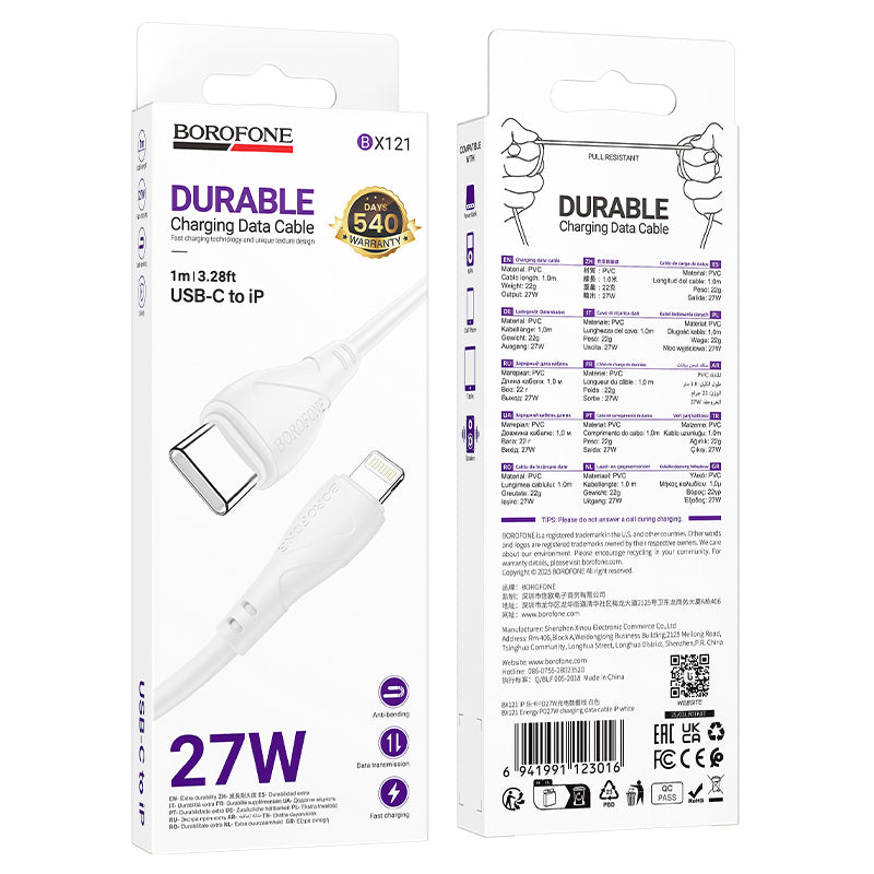 USB-C - USB-C Borofone BX121 Energy -kaapeli, 60W, 1m, Valkoinen