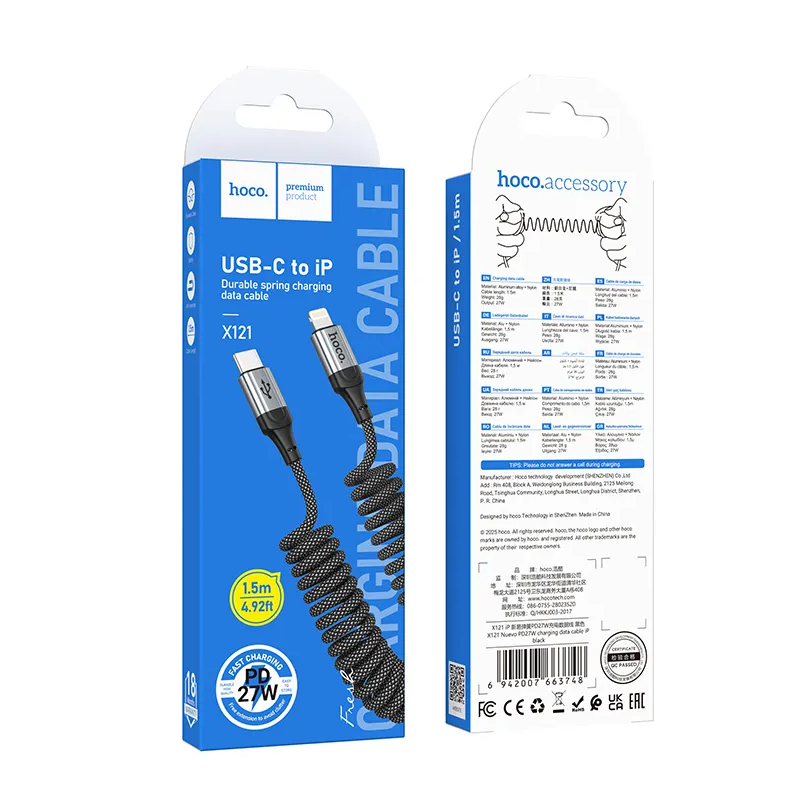 USB-C - Lightning HOCO X121 -data- ja latauskaapeli, 27W, 1.5m, Musta