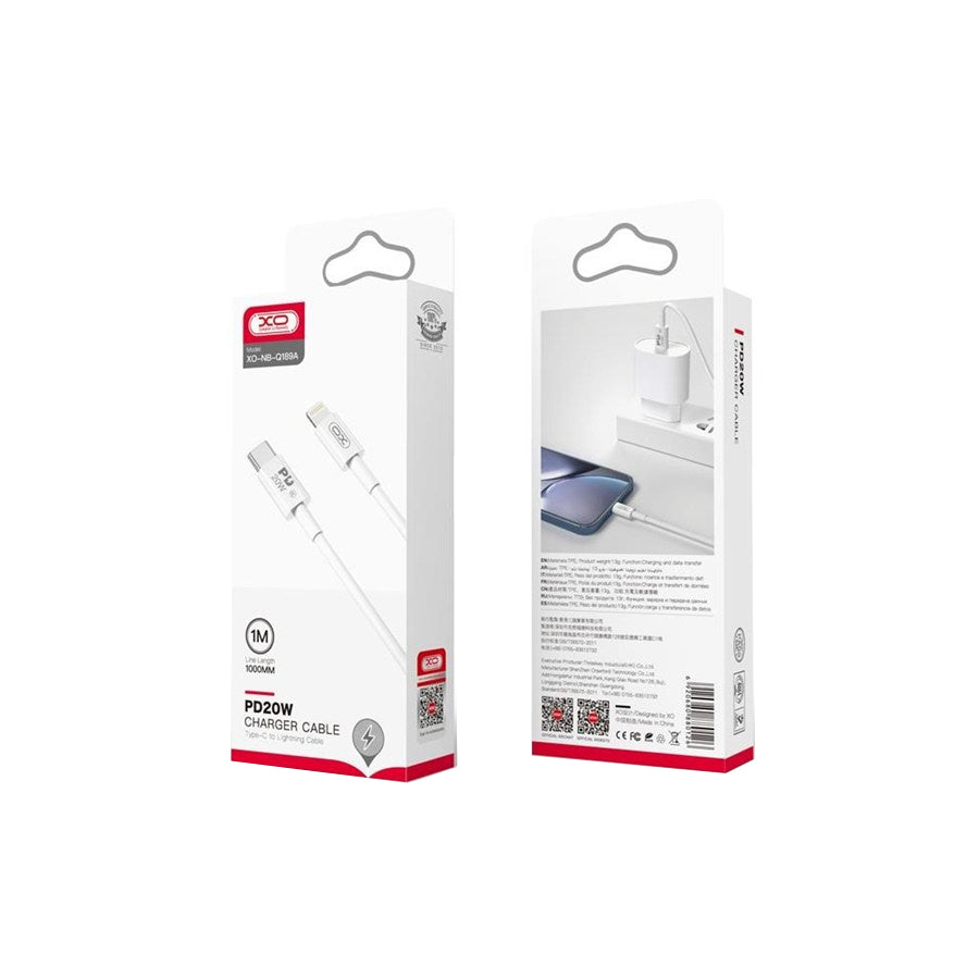 USB-C - Lightning XO Design NB-Q189A -kaapeli, 20W, 1m, Valkoinen