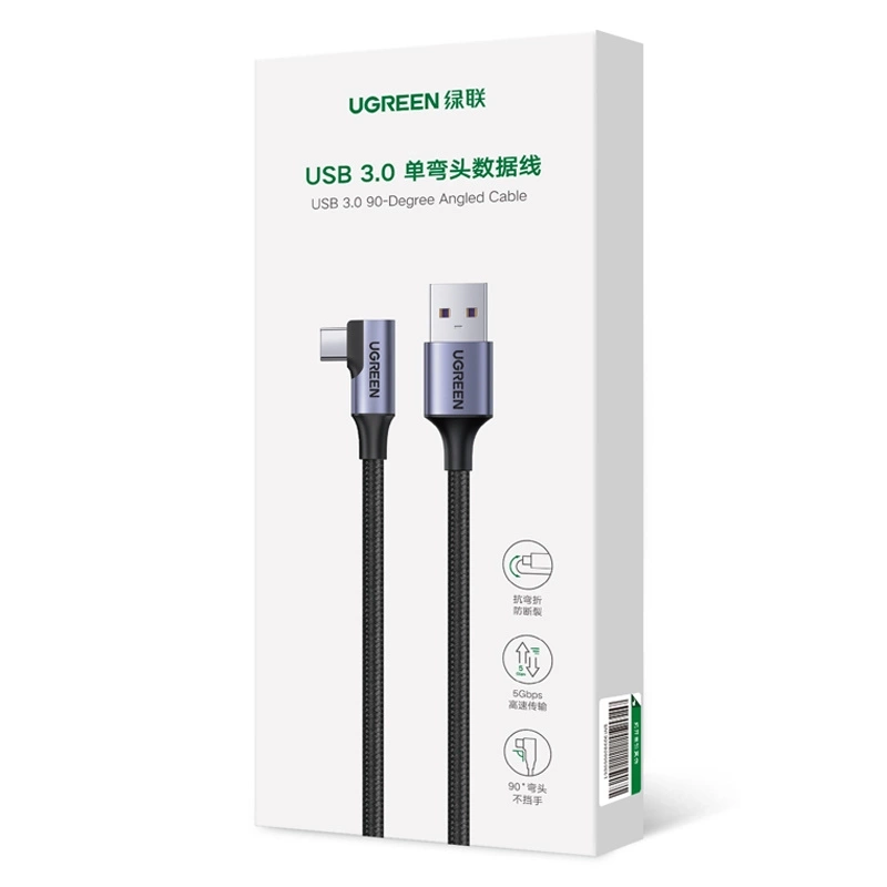 Tieto- ja latauskaapeli USB-A - USB-C UGREEN US385 Kulmikas, 60W, 1m, harmaa