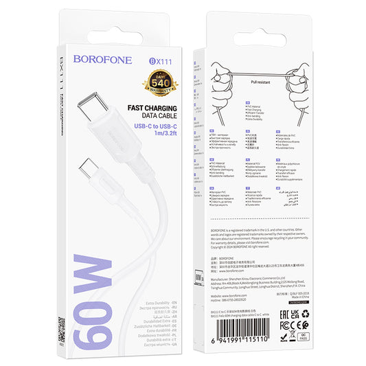 USB-C data- ja latauskaapeli - USB-C Borofone BX111 Feliz, 60W, 1m, valkoinen