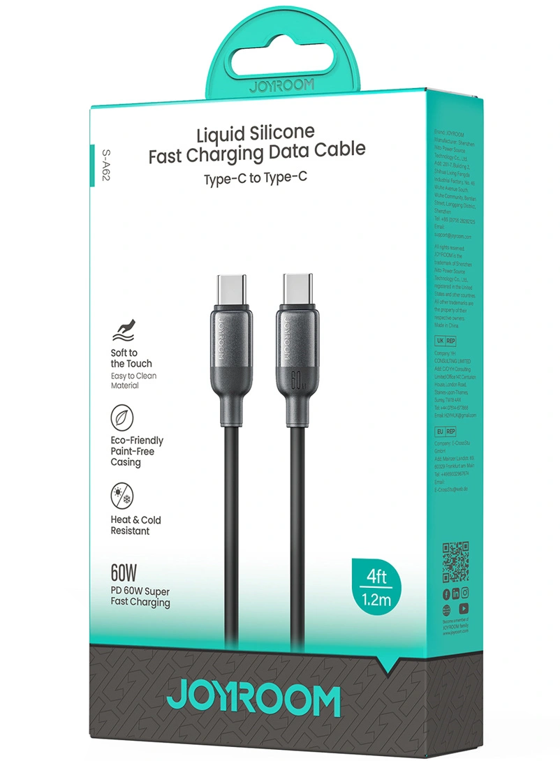 USB-C-tietojen ja latauskaapeli - USB-C Joyroom S-A62 Lively, 60W, 1,2 m, Musta