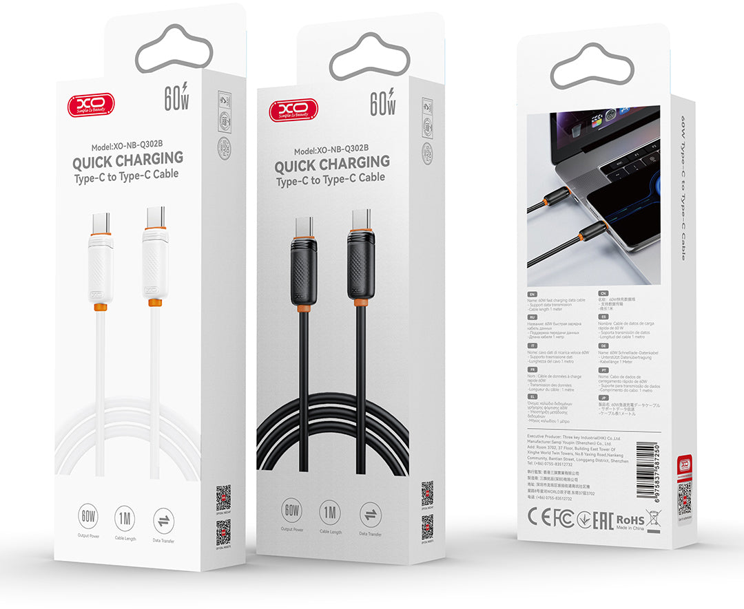 USB-C - USB-C XO Design NB-Q302B -tietojen siirto- ja latauskaapeli, 60W, 1m, valkoinen