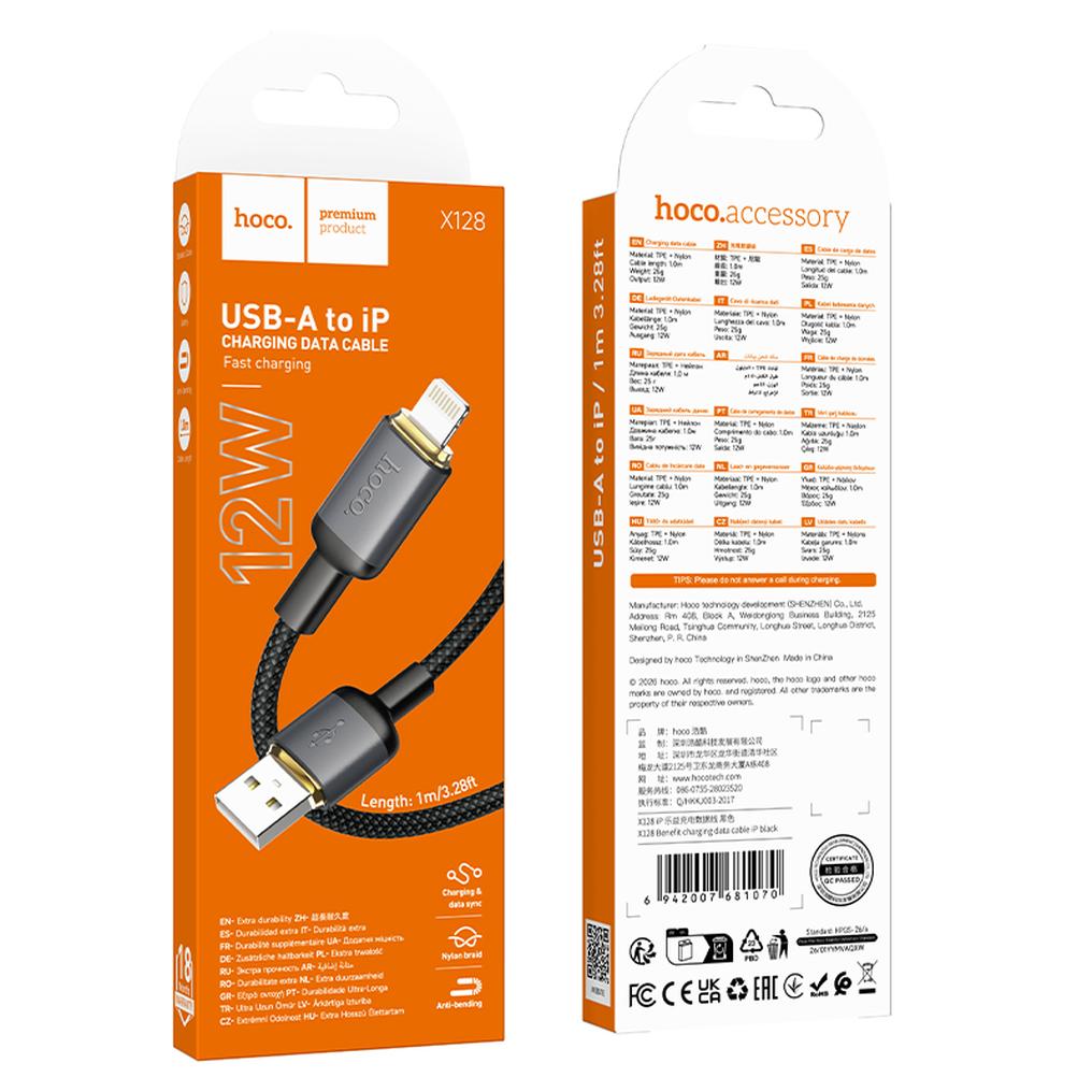 USB-A - Lightning HOCO X128 Benefit -tietojen siirto- ja latauskaapeli, 12W, 1m, musta