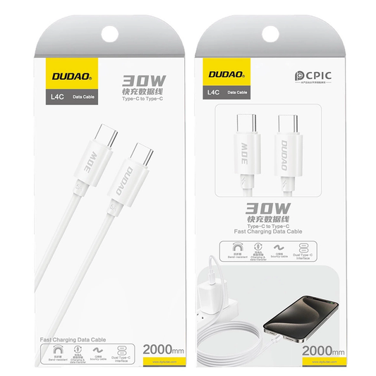 USB-C - USB-C Dudao L4C -tietojen ja latauskaapeli, 30W, 2m, valkoinen