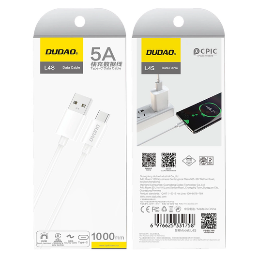 USB-A - USB-C Dudao L4ST tiedonsiirto- ja latauskaapeli, 100W, 1m, valkoinen