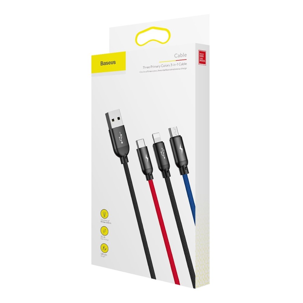 USB-A - Lightning / microUSB / USB-C Baseus Colors 3in1 -latauskaapeli, 20W, 1.2m, Musta CAMLT-BSY01