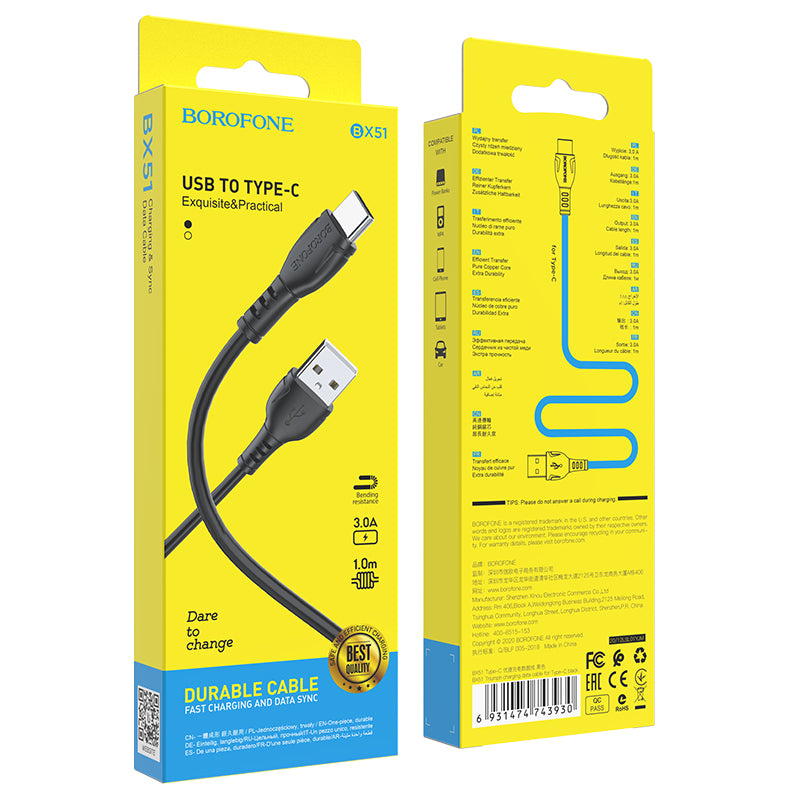 USB-A - USB-C Borofone BX51 Triumph data- ja latauskaapeli, 20W, 1m, Musta