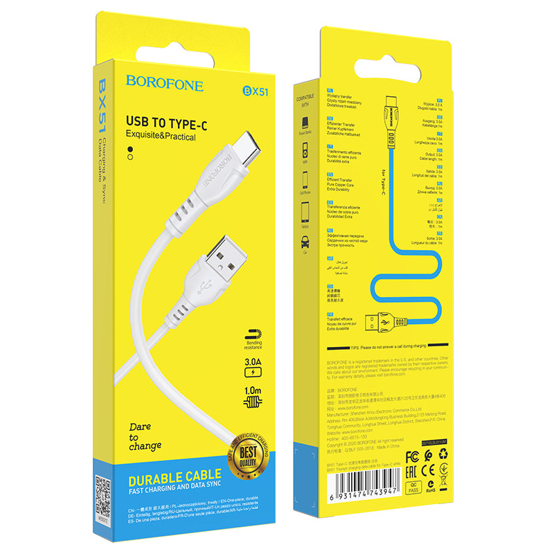 USB-A - USB-C Borofone BX51 Triumph, 20W, 1m, Valkoinen Data- ja Latauskaapeli