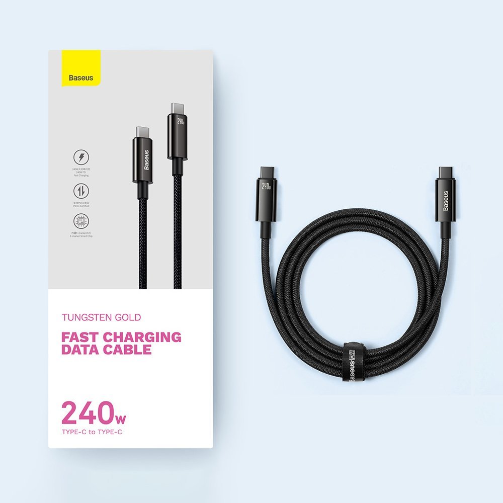 USB-C data- ja latauskaapeli - USB-C Baseus Tungsten Gold, 240W, 2m, musta CAWJ0401010101