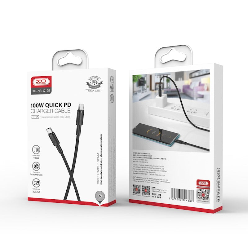 USB-C - USB-C -data- ja latauskaapeli XO Design NB-Q199, 100W, 1.5m, Musta