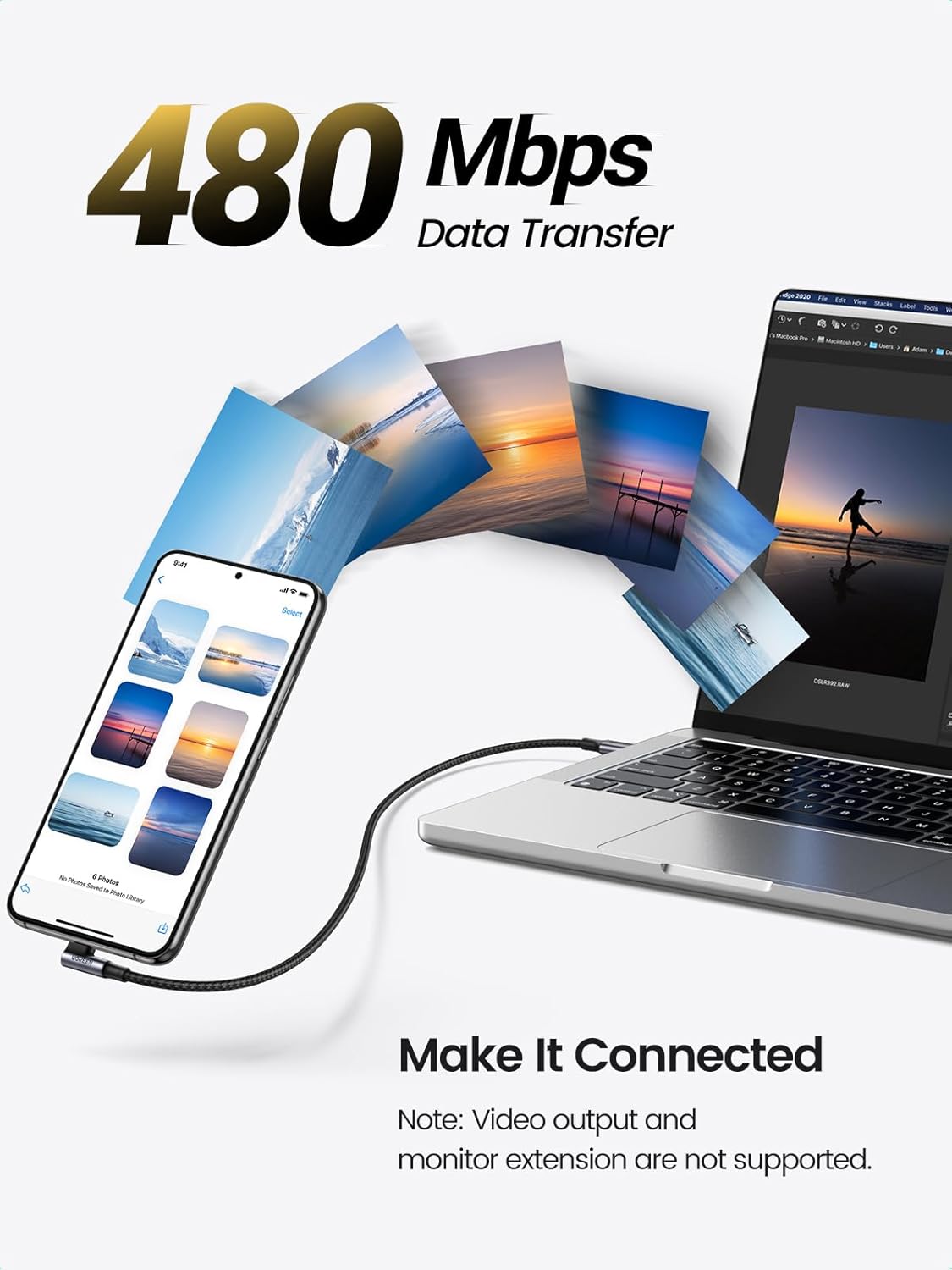 USB-C-tietojen ja latauksen kaapeli - USB-C UGREEN US334 Kulmikas, 100W, 1m, Musta