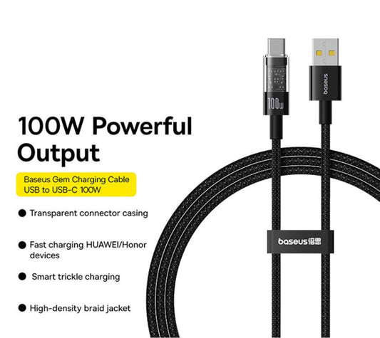USB-A - USB-C Baseus Gem -data- ja latauskaapeli, 100W, 2m, Musta P10373002111-01