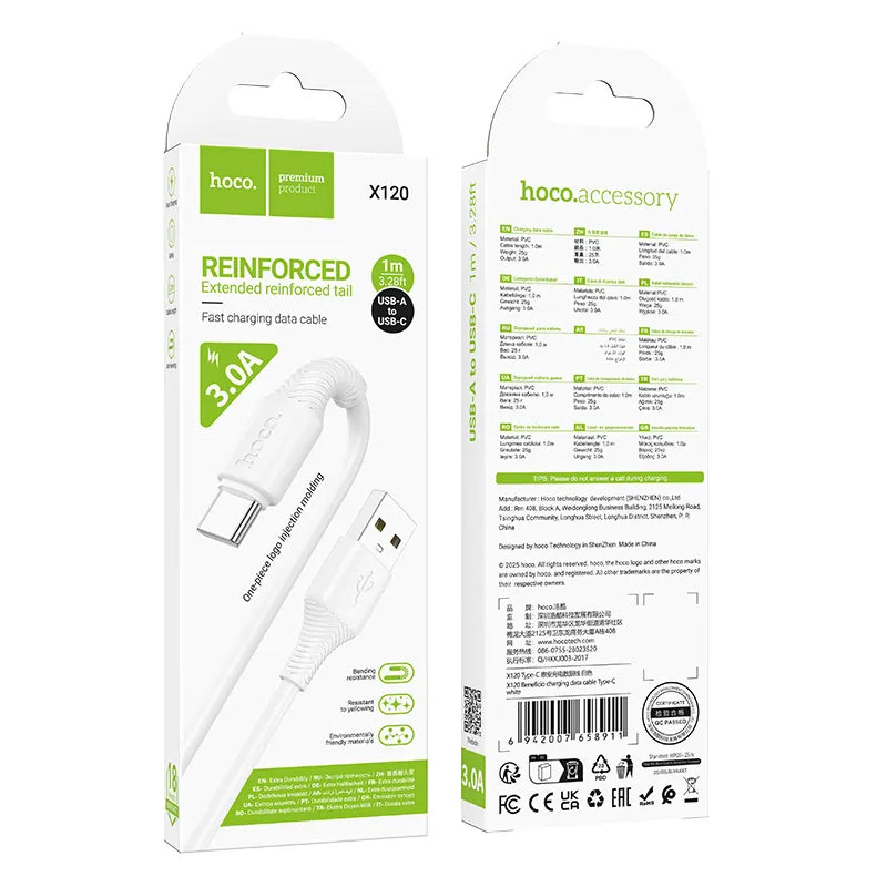 USB-A - USB-C HOCO X120 Data- ja Latauskaapeli, 60W, 1m, Valkoinen
