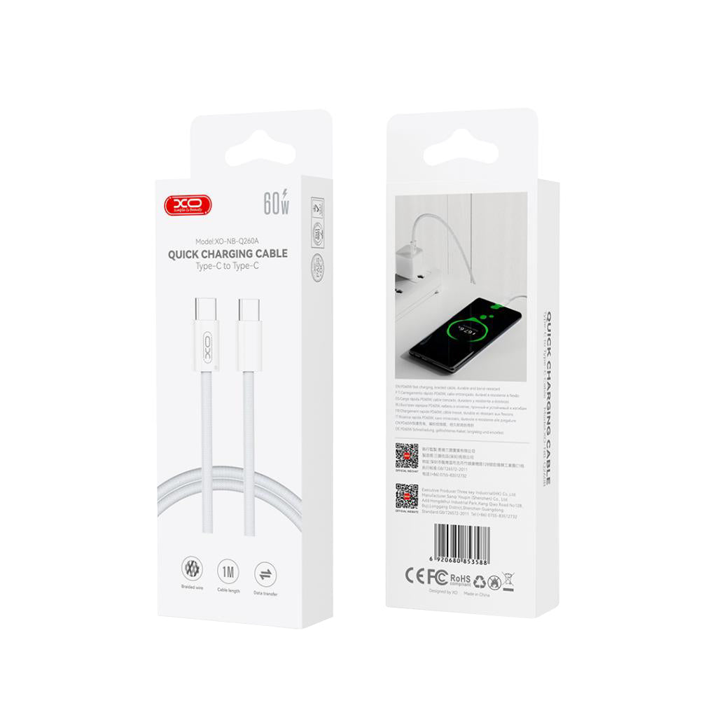 USB-C - USB-C -data- ja latauskaapeli XO Design NB-Q260B, 60W, 1.5m, Valkoinen