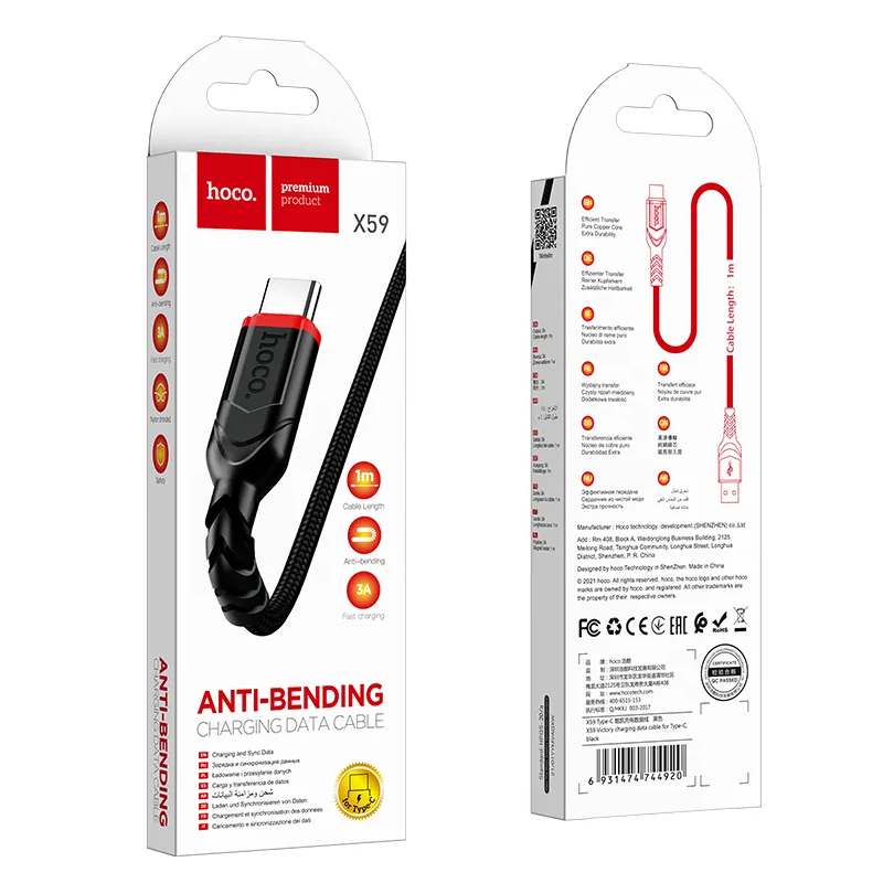 USB-A - USB-C HOCO X59 Victory -data- ja latauskaapeli, 18W, 1m, Musta