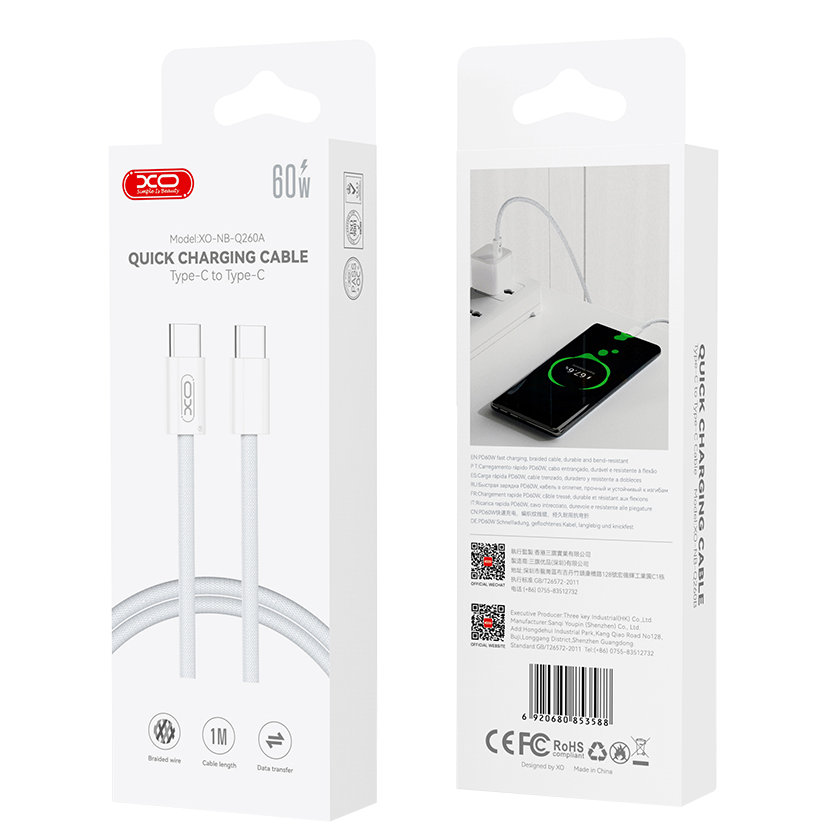 USB-C - USB-C -data- ja latauskaapeli XO Design NB-Q260A, 60W, 1m, Valkoinen