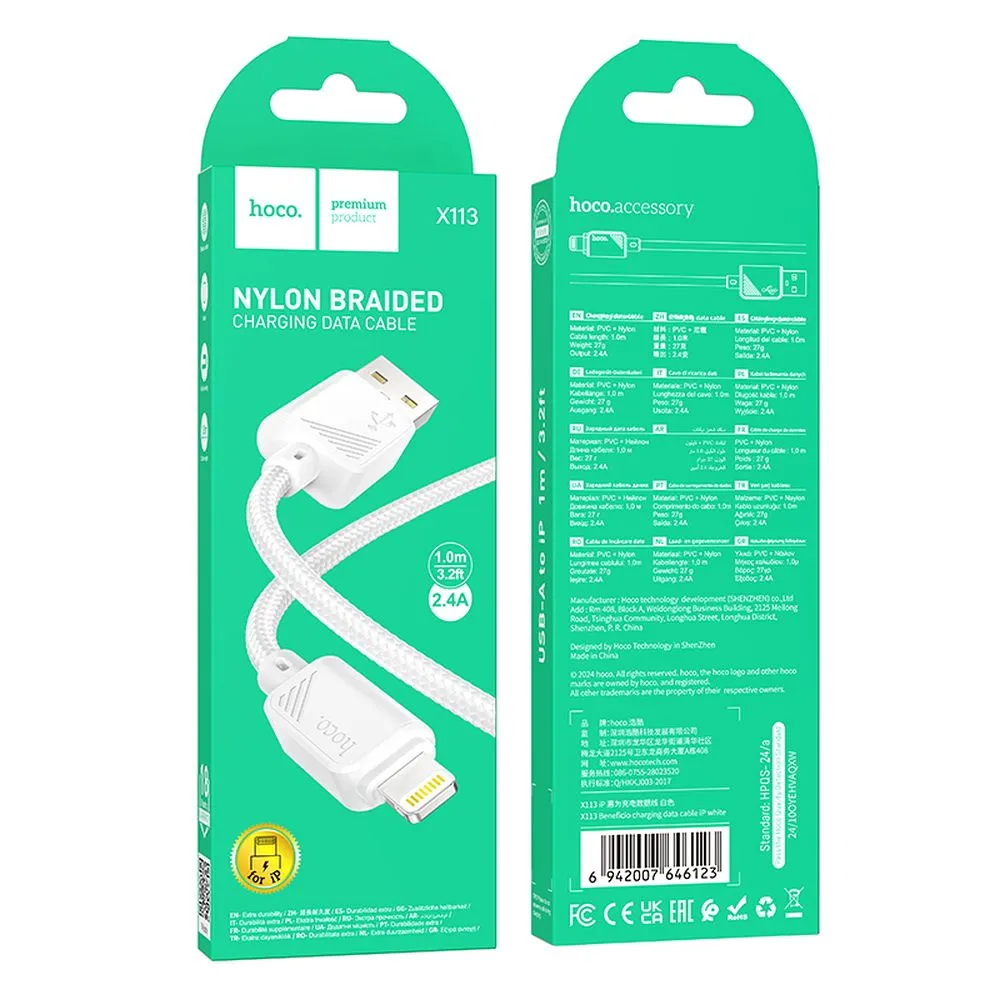 USB-A - Lightning -tietojen ja latauskaapeli HOCO X113, 18W, 1m, valkoinen